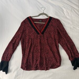 Express Red Leopard Print V-Neck Blouse with Black Trim